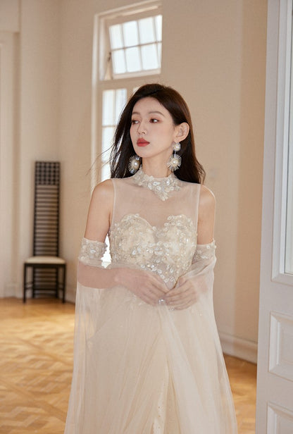 DOLLY Elegant Flower Stand Collar Sleeveless High Waist Tutu Wedding Dress-BELINDA