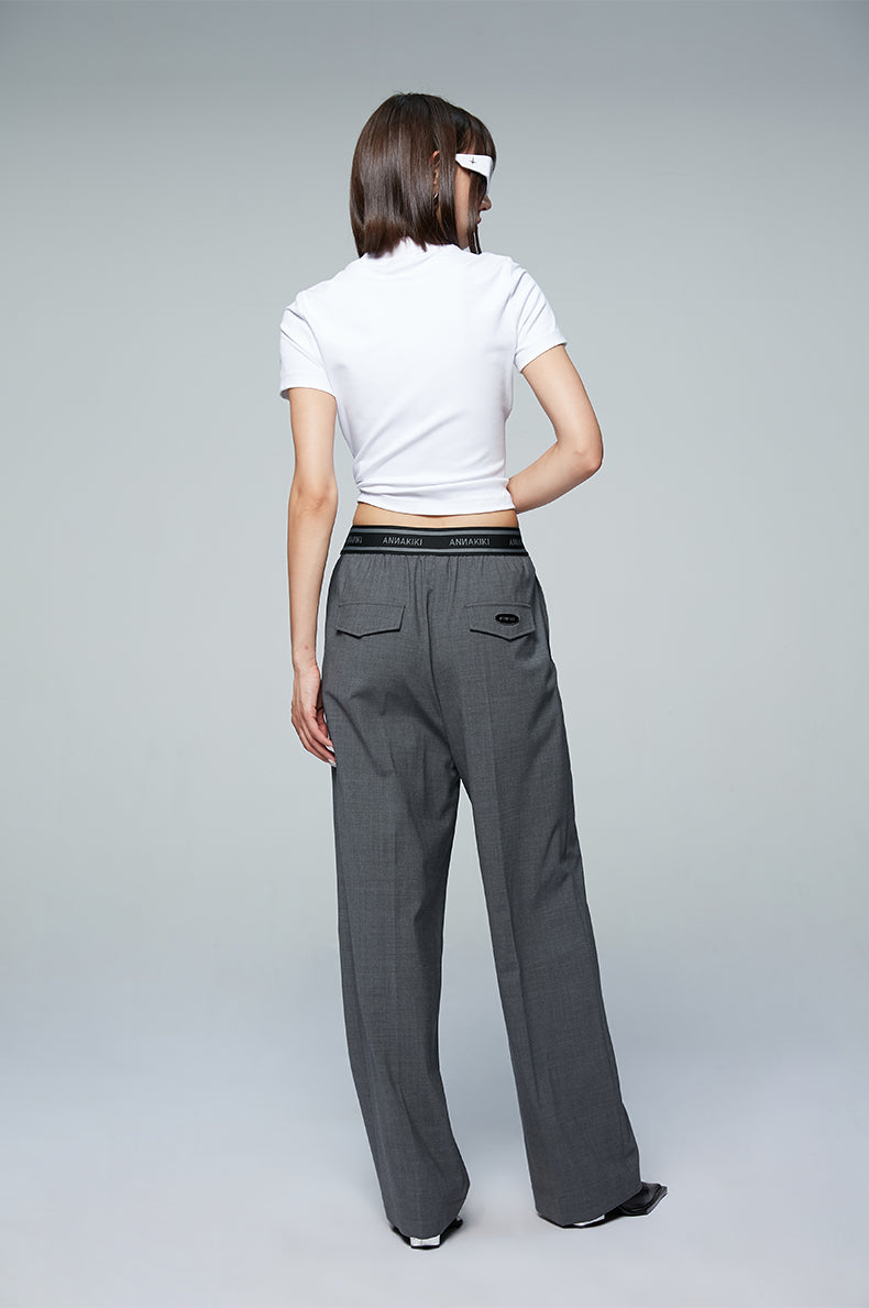 ANNAKIKI designer gray wool elastic waist wide-leg casual trousers-UZUMAKI