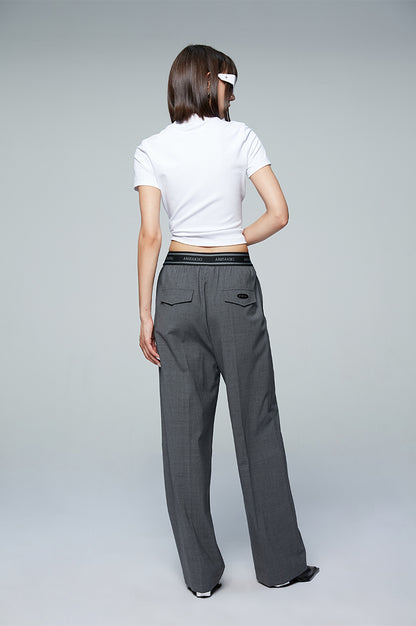 ANNAKIKI designer gray wool elastic waist wide-leg casual trousers-UZUMAKI