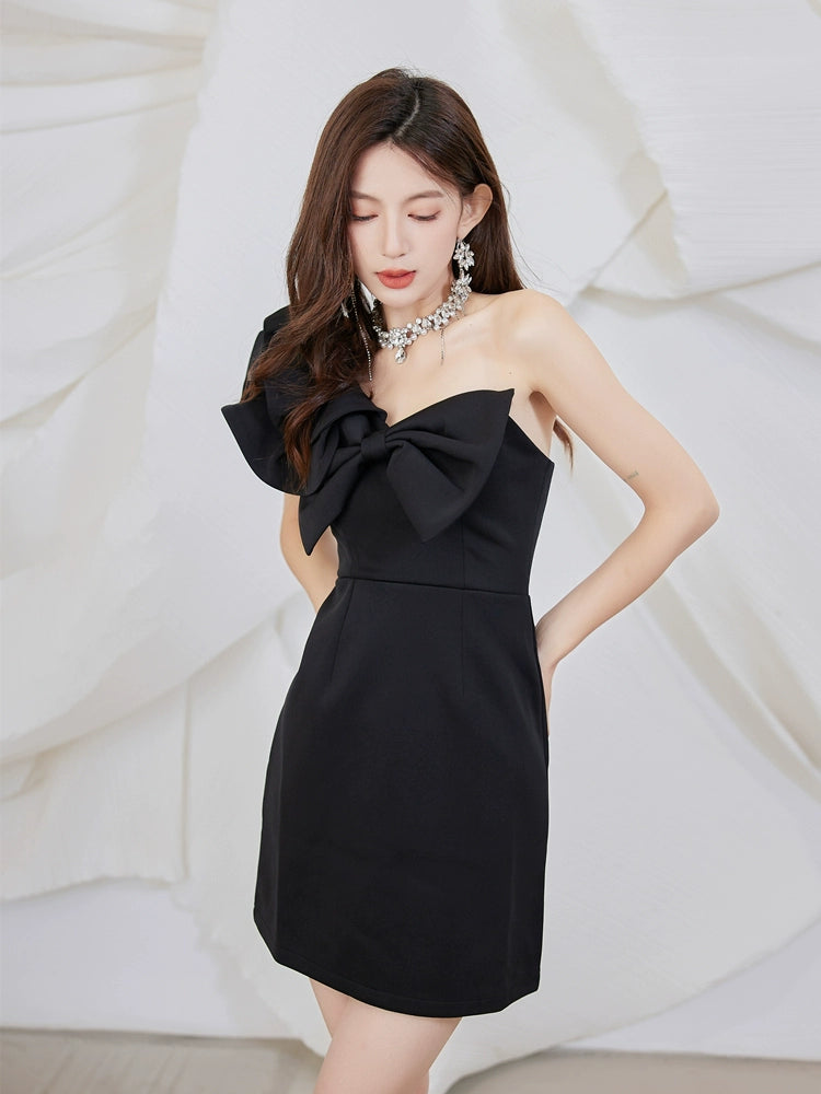 DOLLY Luxury Slant Collar Sleeveless Big Bow Ruffle Short Birthday Dress-MAYE