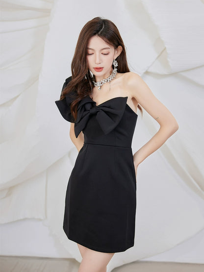 DOLLY Luxury Slant Collar Sleeveless Big Bow Ruffle Short Birthday Dress-MAYE