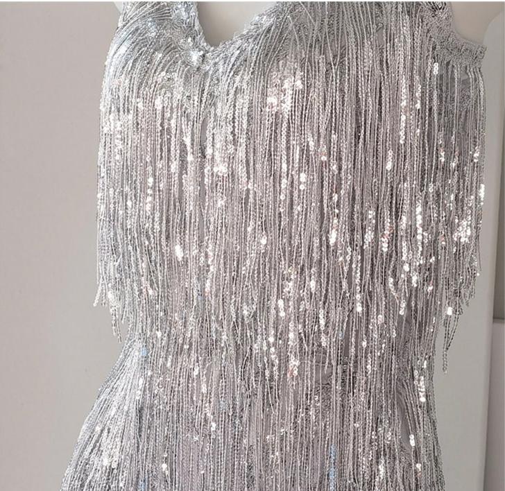 DOLLY Elegant Turquoise Green Sleeveless V-neck Tassel Glitter Cocktail Dress-ALEXA