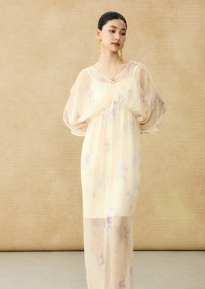 HECO Chinese Resort Style Flowing V-neck Dress - STONE.