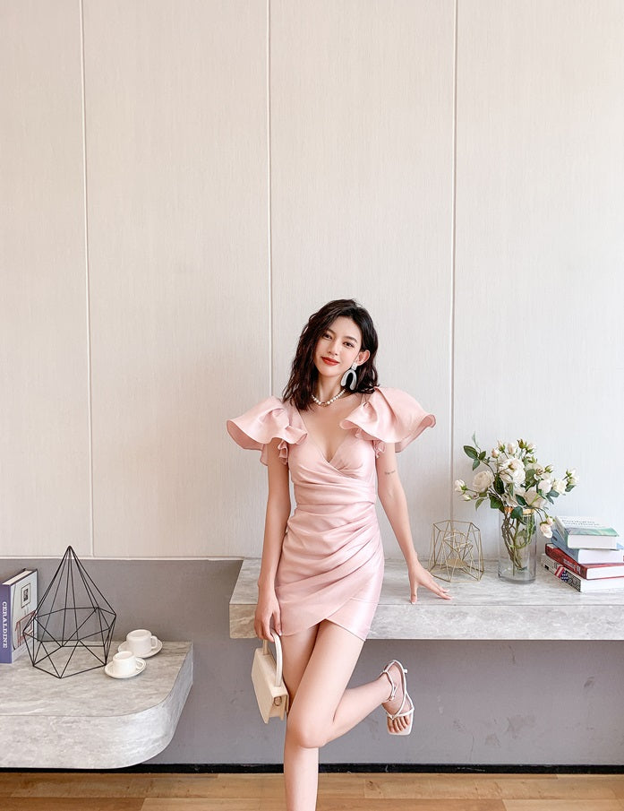 DOLLY Elegant V-Neck Short Flying Sleeve Hip Wrap Short Dinner Date Dress-KELA