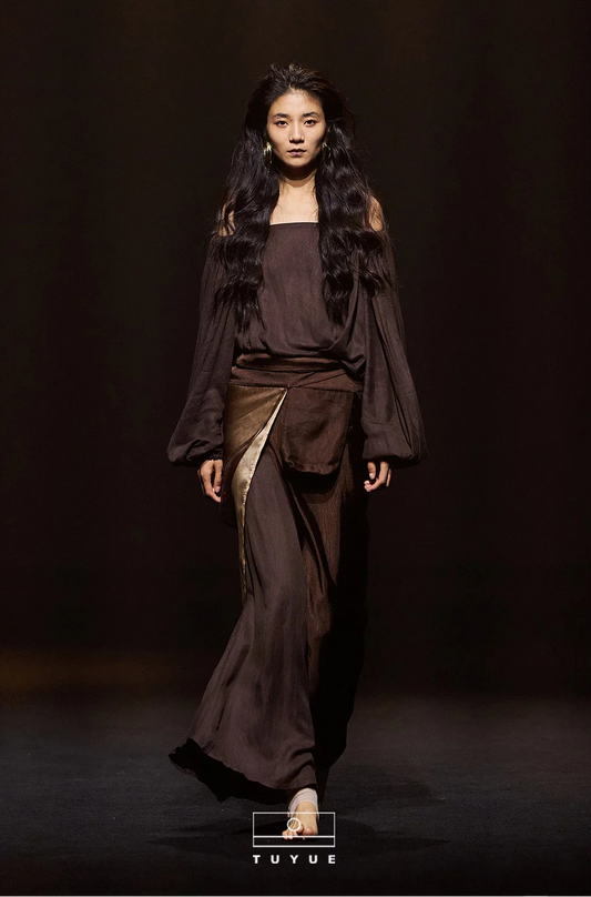 TUYUE Brown texture cotton and linen breathable elastic waist top + skirt set- NIMO