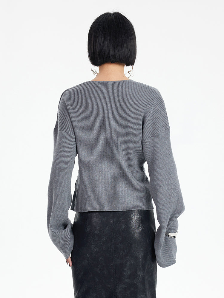 TINY IN original design cross-twisted gray wool knit women's shoulder sweater-QUE