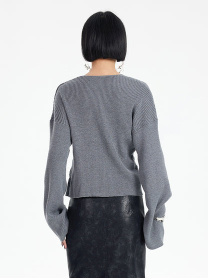 TINY IN original design cross-twisted gray wool knit women's shoulder sweater-QUE