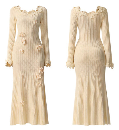 CHECOCRE Elegant Autumn Crochet Hollow Wool Slim Fishtail Long Dress- MARK