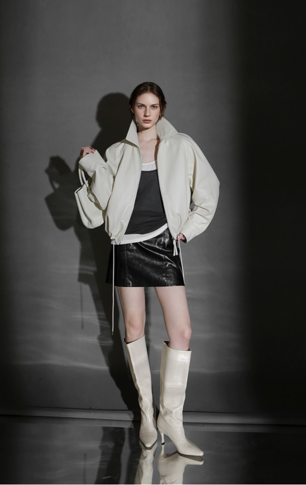 PIAOIN Small lapels short motorcycle leather jacket hem trimmed spring-DAX.