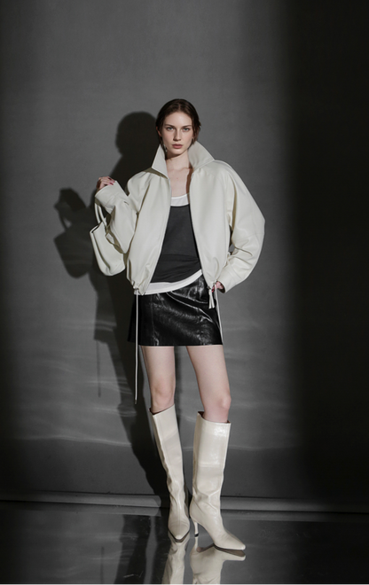 PIAOIN Small lapels short motorcycle leather jacket hem trimmed spring-DAX.