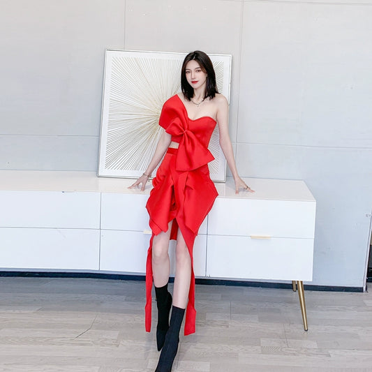 Dolly High End Sleeveless Big Bow Off Shoulder Tube Top +High Waist Irregular Skirt-LULA