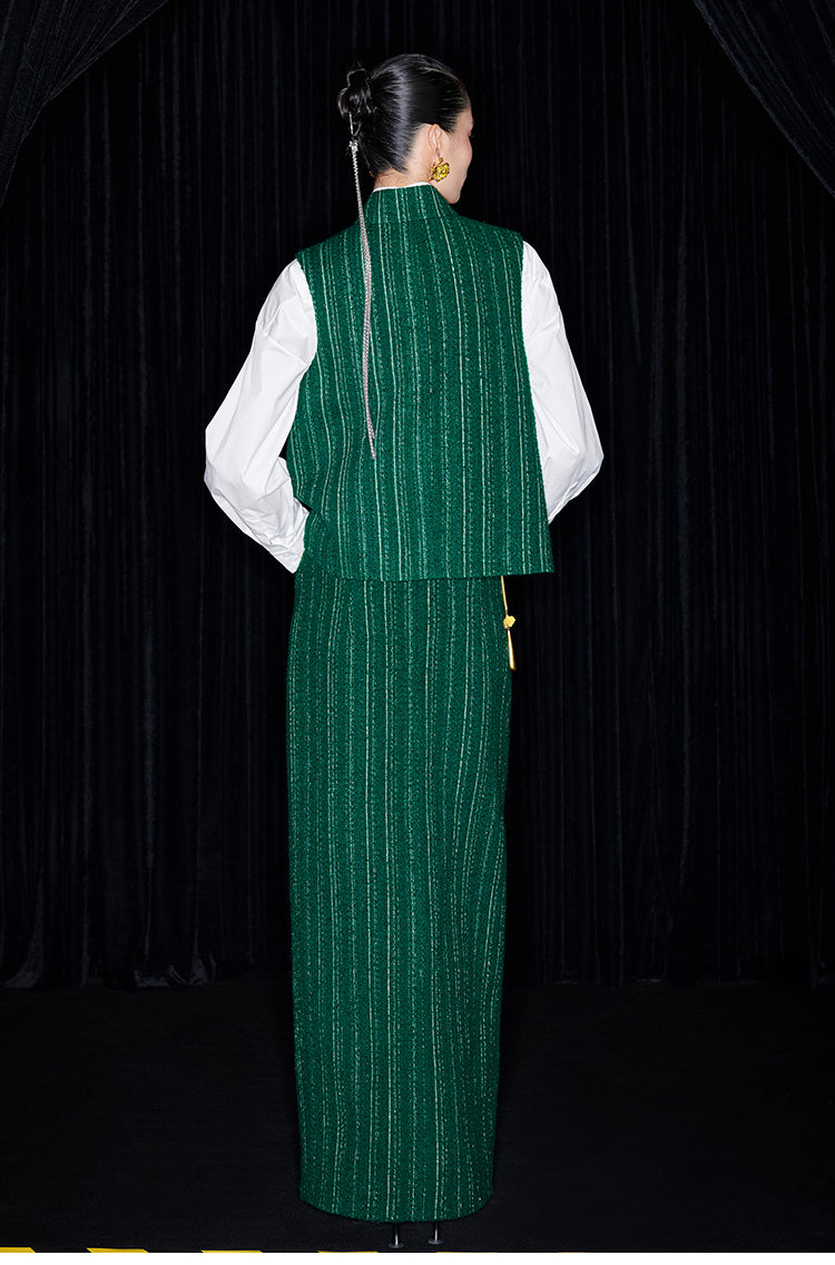 M essential Mackay designer rose beads placket green vest pencil skirt - Biba.