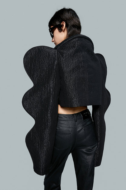 ANNAKIKI model black wavy cotton swab long sleeve short coat for women-MICKEY