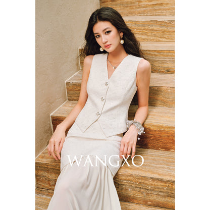 WANGXO |Light Georgette V-Neck Vest & Flowing  Skirt Suit Set-RINA
