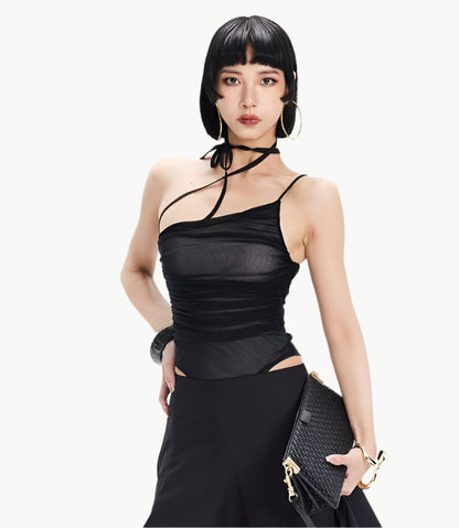 TINY IN Contrast double mesh ruffled suspender black bodysuit-UNIX