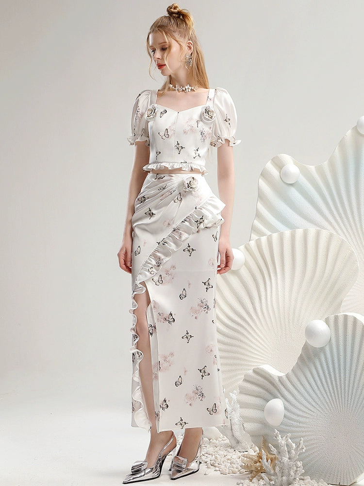 CHECOCRE Three-dimensional Flower White Printed Short Sleeve Suit Dress - GRAYSON.