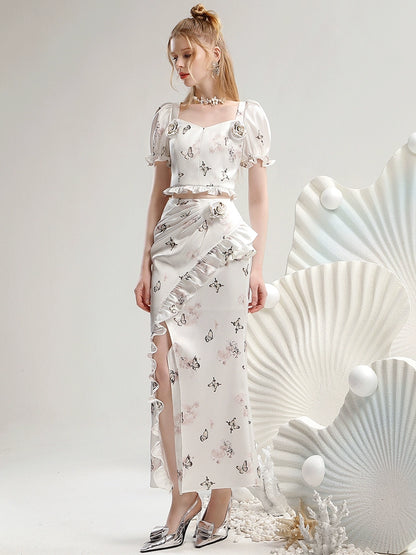 CHECOCRE Three-dimensional Flower White Printed Short Sleeve Suit Dress - GRAYSON.