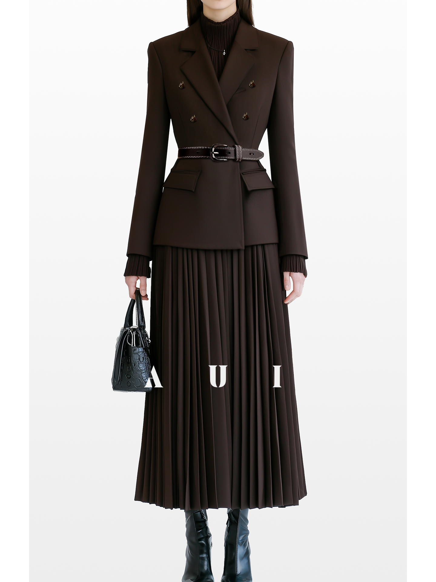 AUI Mocha Blazer Professional Commuter Pleated Two-Piece Suit Skirt - Hea.