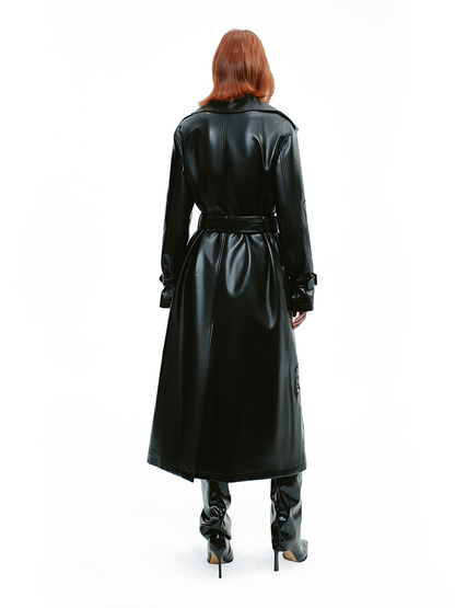 YES BY YESIR calla lily black Monroe long leather trench coat - FEEL.