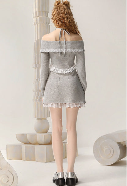 CHECOCRE Stubble Pure Desire Off-Shoulder Sweatshirt Two-Piece mini skirt Set - WENDEL