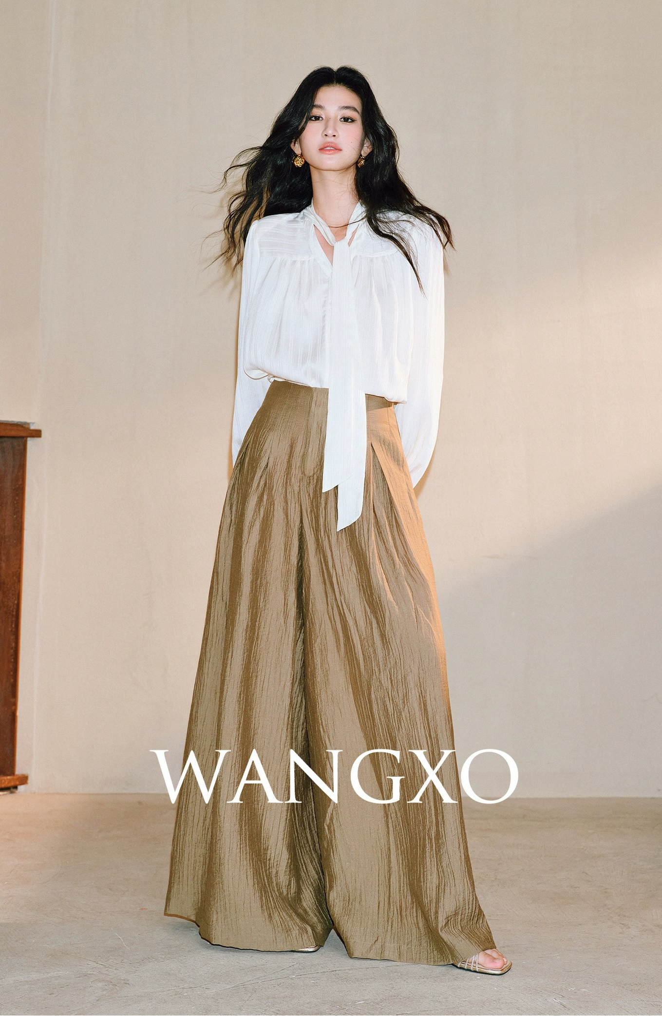 WANGXO Bright Silk Satin with 3D Drawstring Detail Temperament V-Neck - LENNA