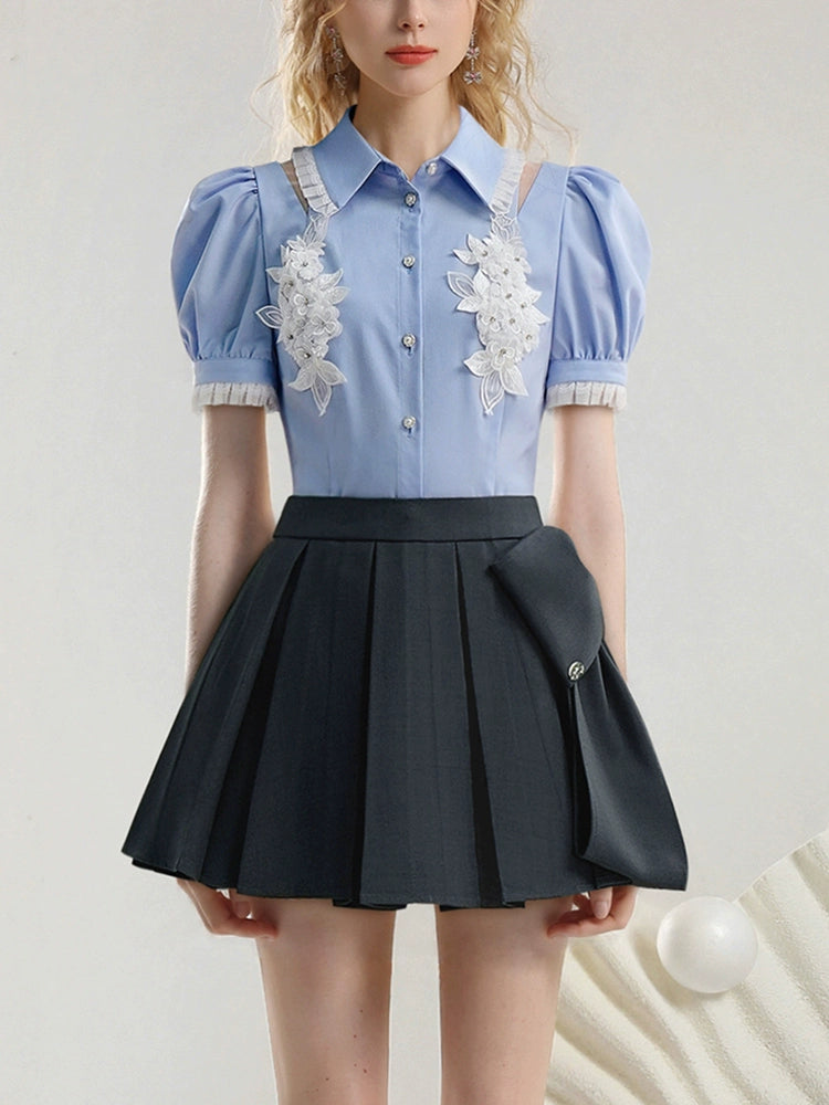 CHECOCRE Stubble sweet girly flower puff sleeve cutout sexy blue top - JOSHUA.