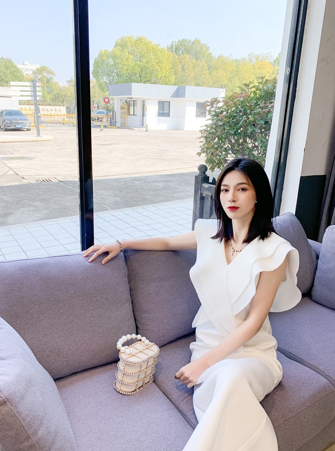 DOLLY Elegant White V-Neck Flying Ruffle Sleeve Slim Fit Long Goddess Dress-CLAUDIA