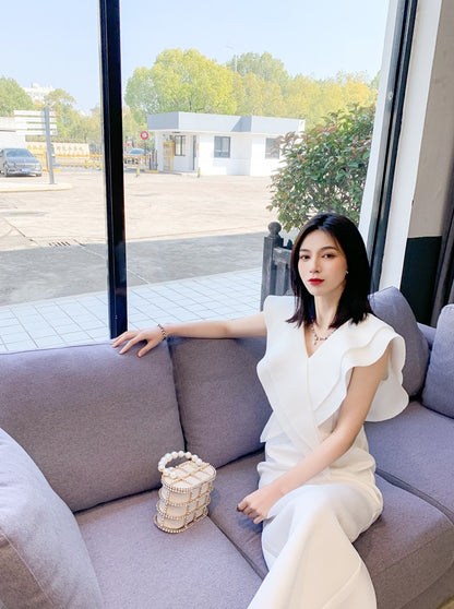 DOLLY Elegant White V-Neck Flying Ruffle Sleeve Slim Fit Long Goddess Dress-CLAUDIA