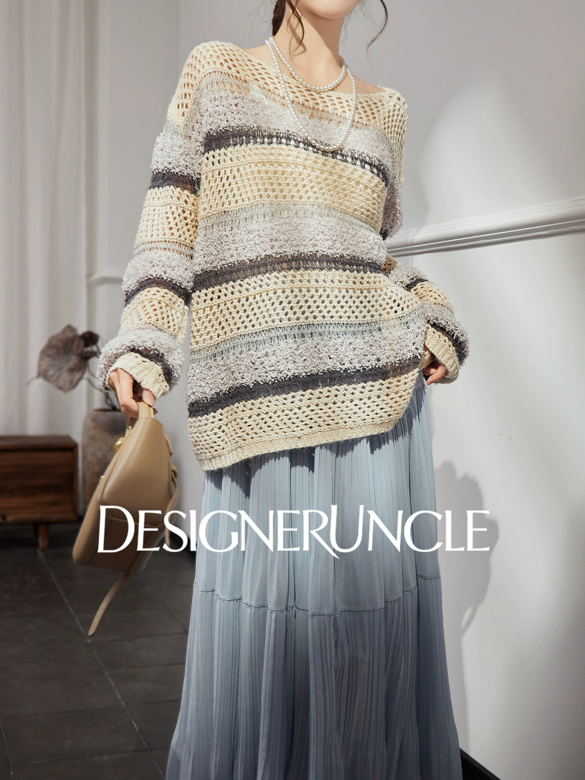 DGU "Weaving Halo" apricot gray striped wool knitted sweater- SHOW.