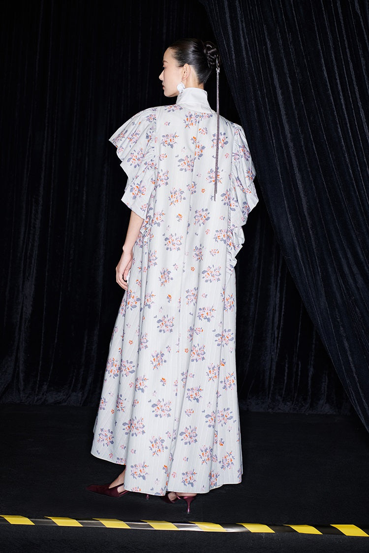 M essential Mackay designer Jinghe Printing floral nail bead puff sleeve dress - HAPPY.