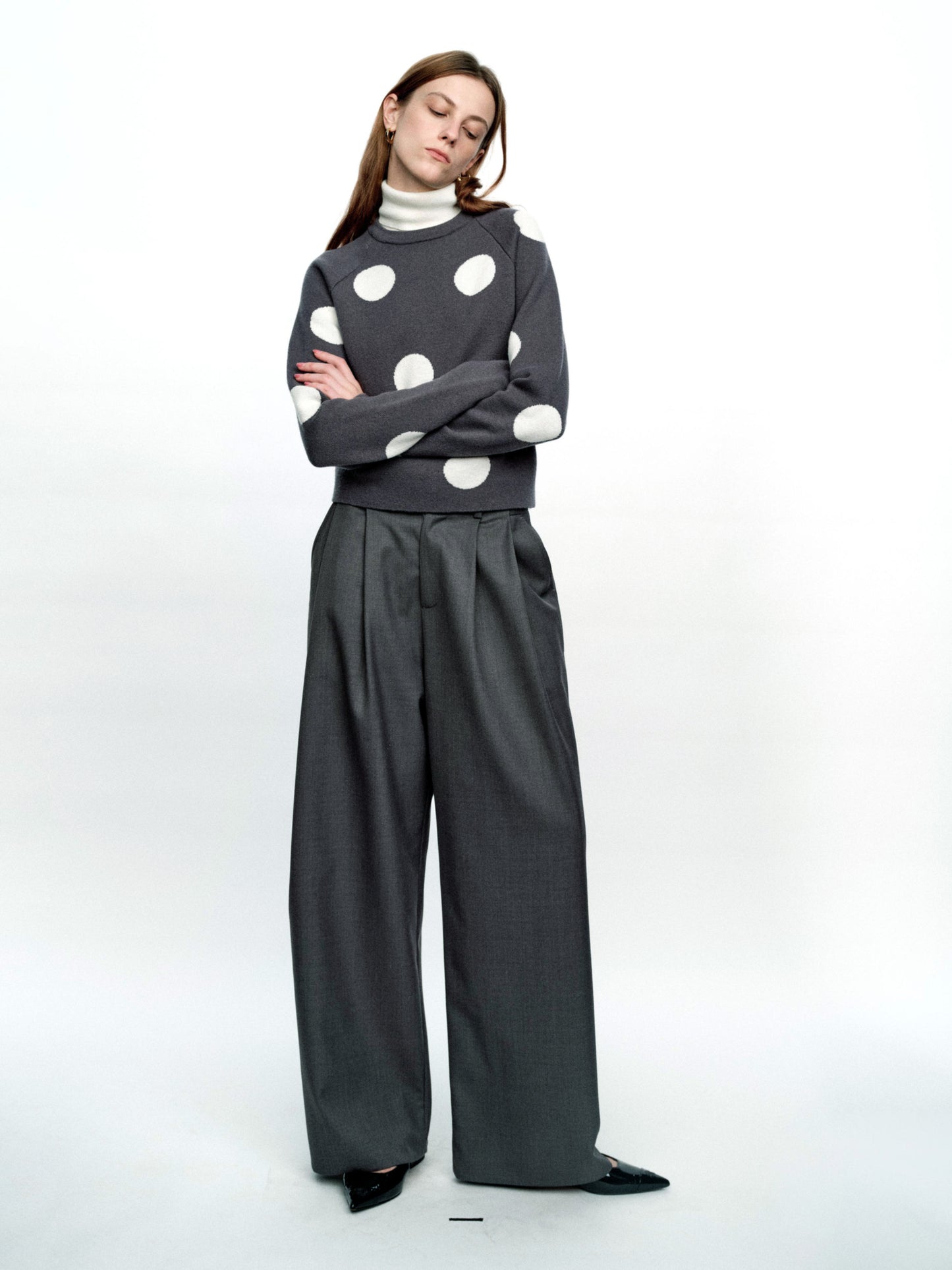 SERRER Gray polka dot jacquard fake two high-necked cropped knitted sweaters - PRIYA.