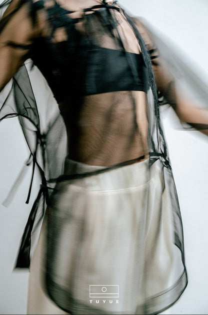 TUYUE Bamboo Leaf Embroidered Mesh Lace-up Top - SKYLA.