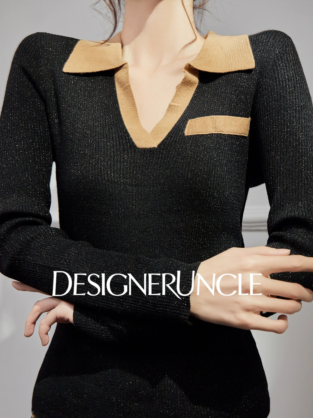 DGU "Qimo" black knitted sweater V-neck fashion high-end commuter top - BUGGY.