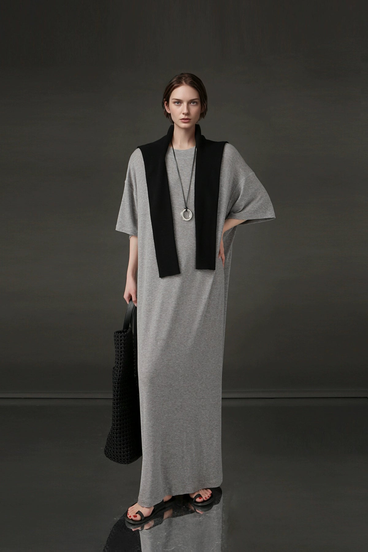 PIAOIN minimalist style nude tencel wool t-shirt skirt versatile dress -LYDIA