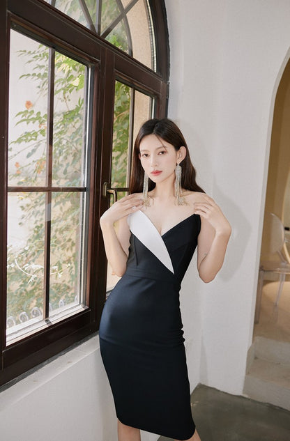 DOLLY Elegant Black and White Sleeveless Bandeau One Shoulder Long Dress-DEVIKA