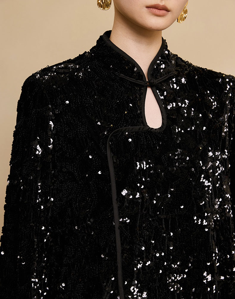 HECO floral sequins embroidery long sleeve short DRESS  - CUTE.