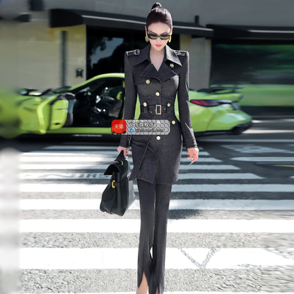 VJE slim trench coat jacket micro flared pants two-piece outfit set-YAN.