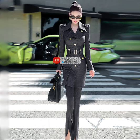 VJE slim trench coat jacket micro flared pants two-piece outfit set-YAN.