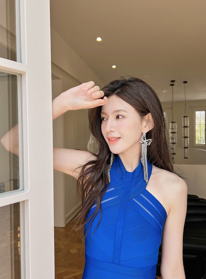 DOLLY Luxury Off Shoulder Halter Neck Bandage Midi Dinner Date Dress-OLAH