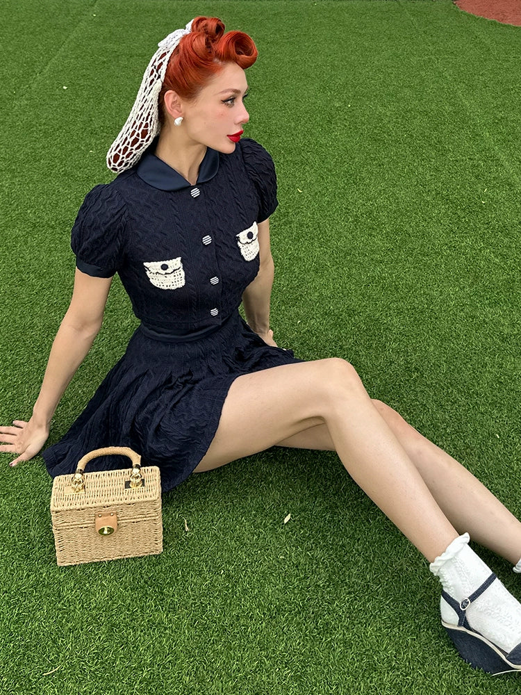 Le Palais  navy knitted puff sleeve top pleated skirt-XERX