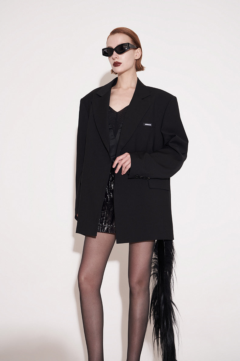ANNAKIKI Niche Designer Black Wool Mottled Print Blazer Jacket-MATSUKI