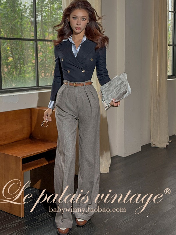 Le Palais Vintage Luxury Navy Blue Lapel Long Sleeve Suit + Long Slit Skirt-ZANE.