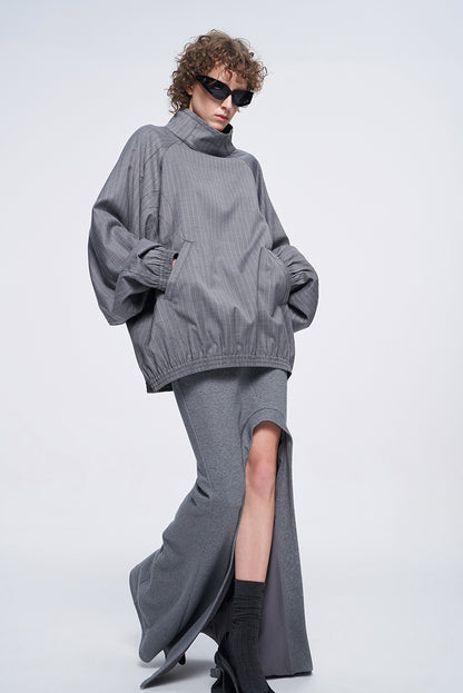 ANNAKIKI Designer Curved Casual Sweat Slit Maxi Skirt-FUKU