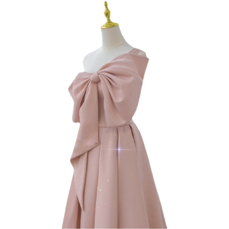 DOLLY High End Retro Style One Shoulder Big Bow Long Dinner Dress-KIKI