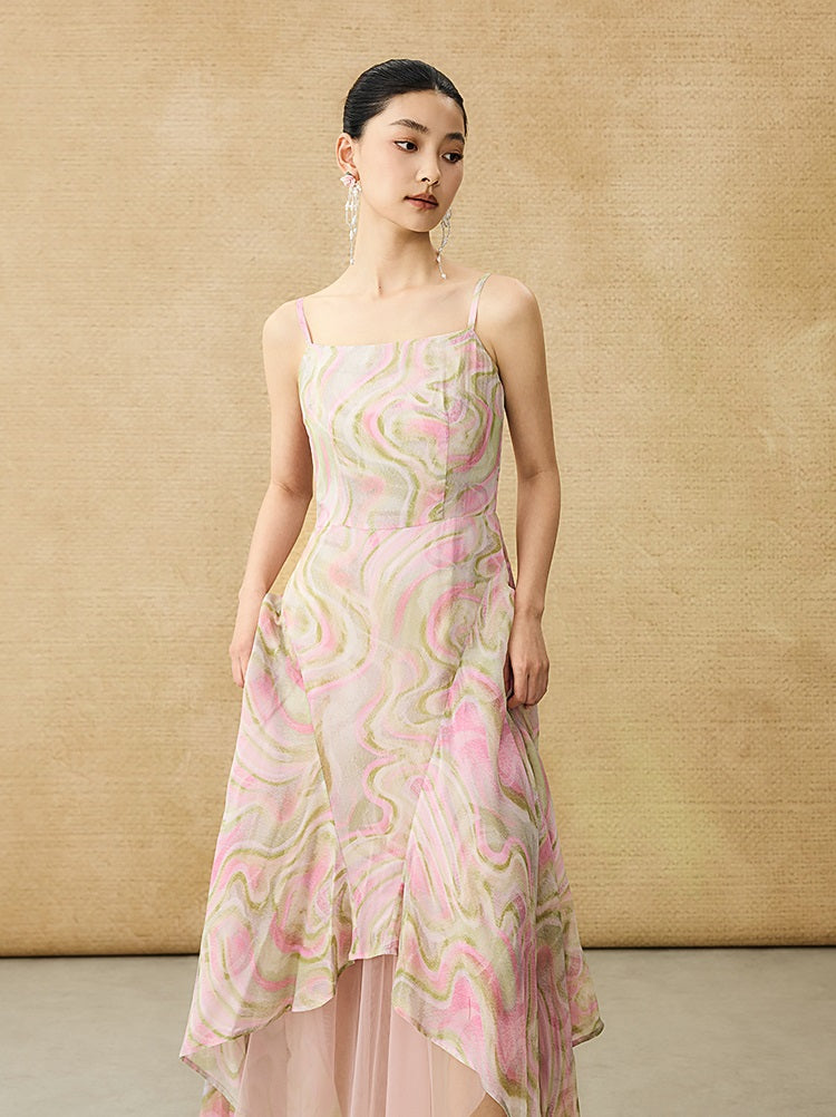 HECO Chinese Style Silk Chiffon Slip Summer Water Ripple Print Long Skirt - PEKKER.