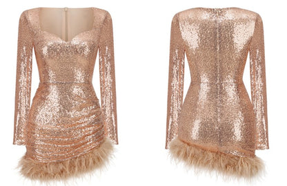 DOLLY Elegant Red Square Collar Long Sleeve Slim Fit Short Sequin Cocktail Dress-QUEEEN