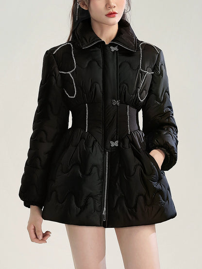 CHECOCRE Elegant Black Diamond Chain Design Waist Slim Warm Puffer Jacket  Dress- SCANDLAR