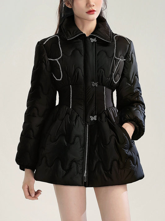 CHECOCRE Elegant Black Diamond Chain Design Waist Slim Warm Puffer Jacket  Dress- SCANDLAR