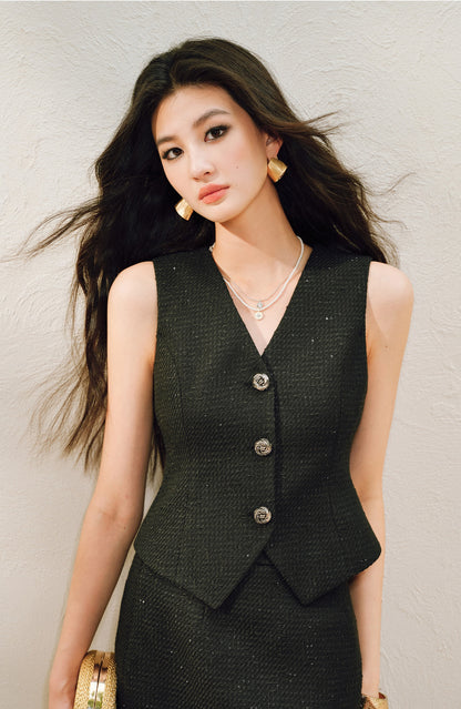 WANGXO |Light Georgette V-Neck Vest & Flowing  Skirt Suit Set-RINA