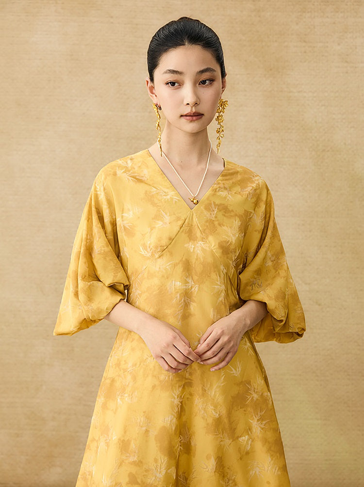 HECO Chinese V-Neck Waist Summer Elegant Floral Stitched Mesh dress - TULIP .